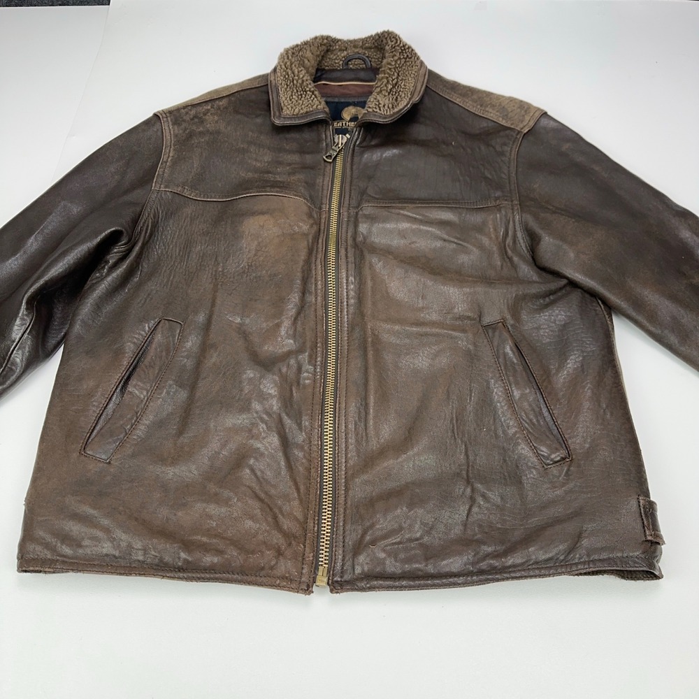 Weatherproof Mens Brown Leather Bomber Jacket Faux Shearling‎ Collar Large
